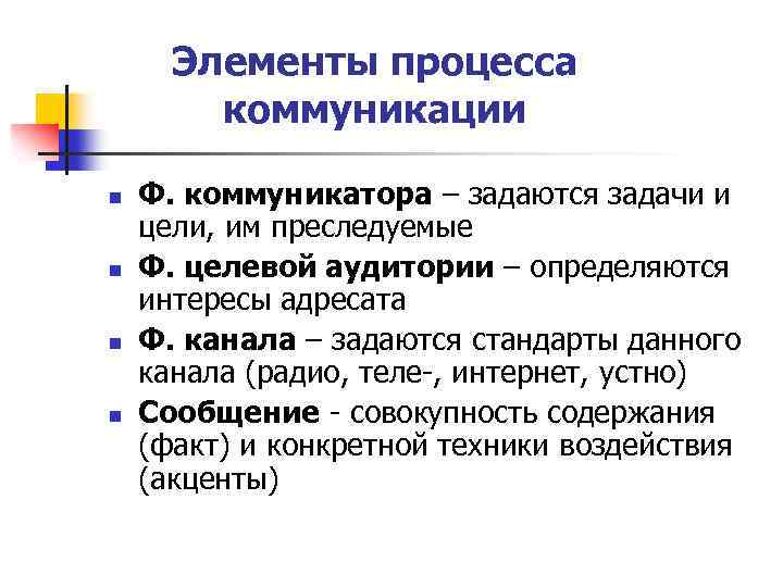 Элементы процесса коммуникации n n Ф. коммуникатора – задаются задачи и цели, им преследуемые