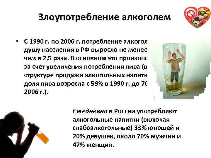 Злоупотребление алкоголем • С 1990 г. по 2006 г. потребление алкоголя на душу населения