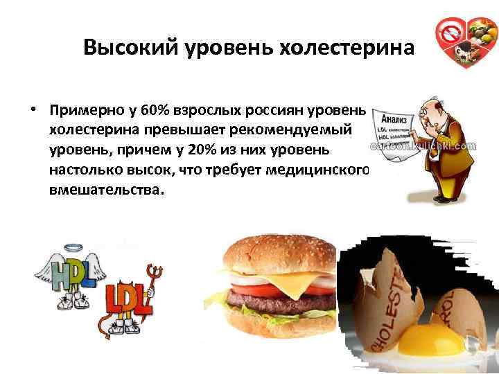 Высокий уровень холестерина • Примерно у 60% взрослых россиян уровень холестерина превышает рекомендуемый уровень,