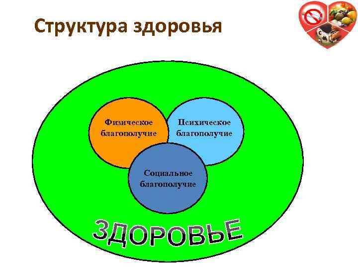 Структура здоровья Физическое благополучие Психическое благополучие Социальное благополучие 