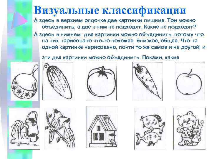 Визуальные классификации А здесь в верхнем рядочке две картинки лишние. Три можно объединить, а
