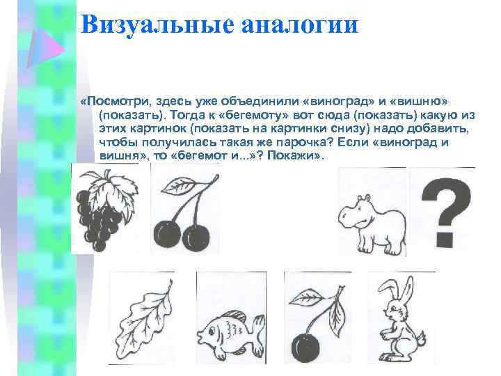 Визуальные аналогии «Посмотри, здесь уже объединили «виноград» и «вишню» (показать). Тогда к «бегемоту» вот