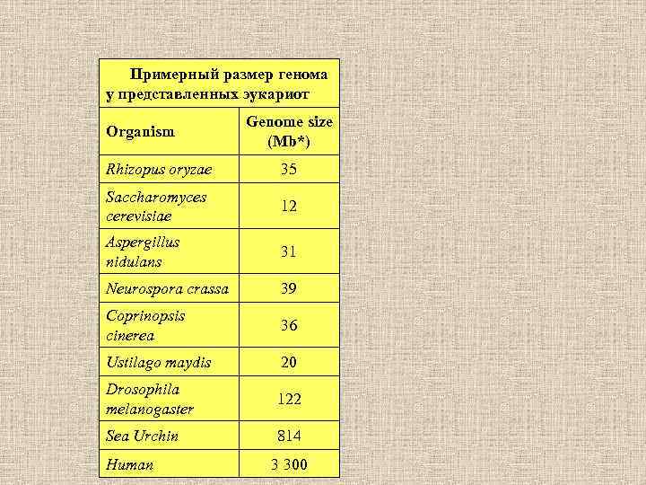Примерный размер генома у представленных эукариот Organism Genome size (Mb*) Rhizopus oryzae 35 Saccharomyces
