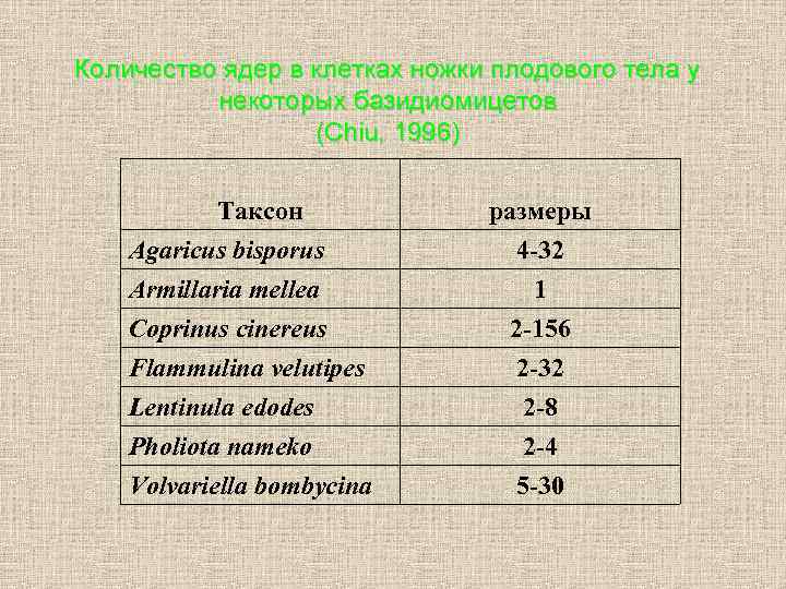 Количество ядер в клетках ножки плодового тела у некоторых базидиомицетов (Chiu, 1996) Таксон размеры