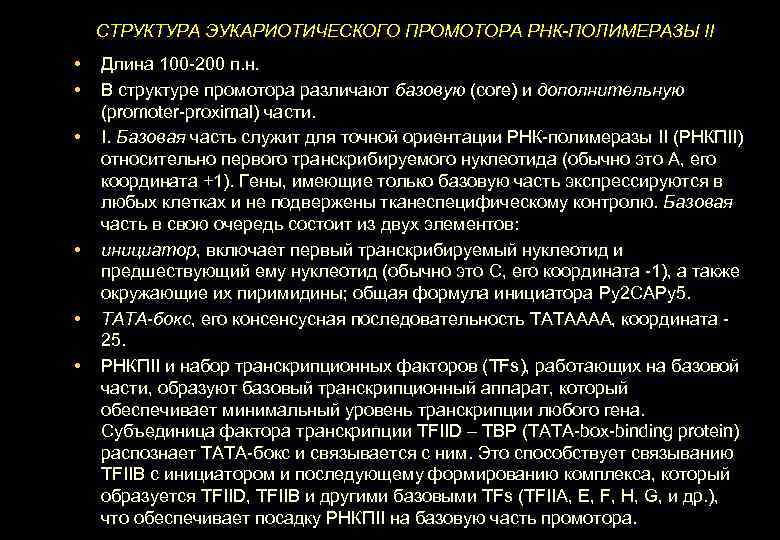 СТРУКТУРА ЭУКАРИОТИЧЕСКОГО ПРОМОТОРА РНК-ПОЛИМЕРАЗЫ II • • • Длина 100 -200 п. н. В