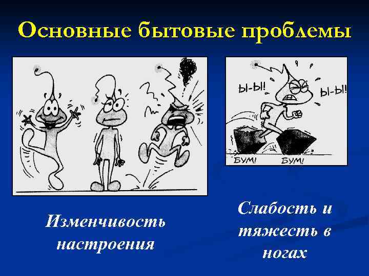 Основные бытовые проблемы Изменчивость настроения Слабость и тяжесть в ногах 