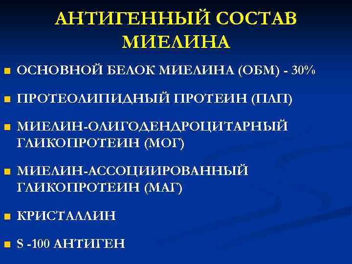 АНТИГЕННЫЙ СОСТАВ МИЕЛИНА n ОСНОВНОЙ БЕЛОК МИЕЛИНА (ОБМ) - 30% n ПРОТЕОЛИПИДНЫЙ ПРОТЕИН (ПЛП)