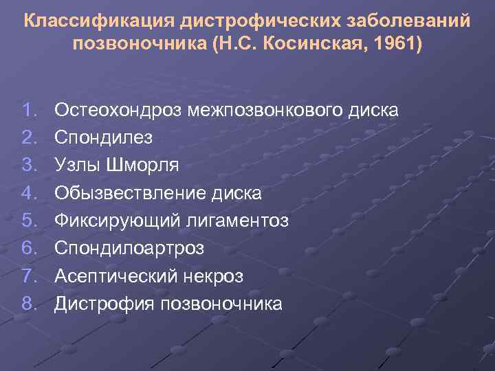 Классификация дистрофических заболеваний позвоночника (Н. С. Косинская, 1961) 1. 2. 3. 4. 5. 6.