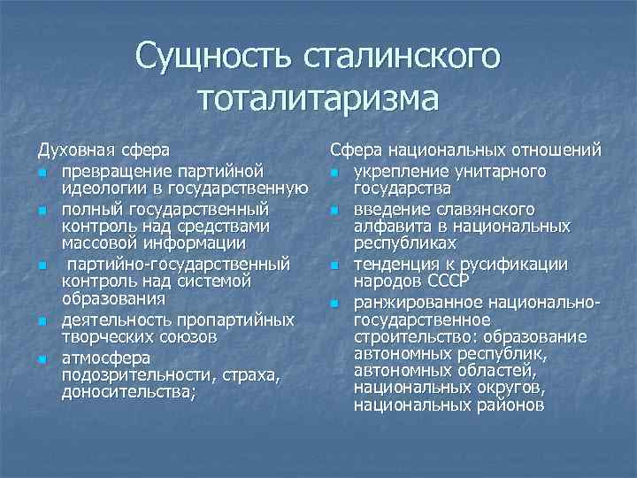 Сущность сталинского тоталитаризма Духовная сфера n превращение партийной идеологии в государственную n полный государственный