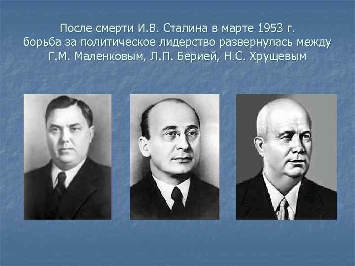 После смерти И. В. Сталина в марте 1953 г. борьба за политическое лидерство развернулась