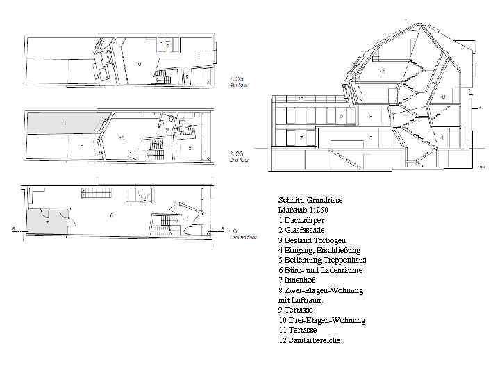 Schnitt, Grundrisse Maßstab 1: 250 1 Dachkörper 2 Glasfassade 3 Bestand Torbogen 4 Eingang,