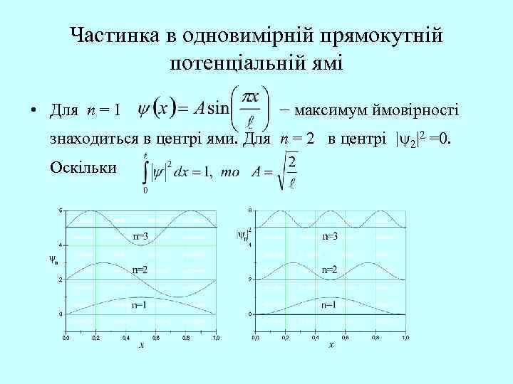 Частинка в одновимірній прямокутній потенціальній ямі • Для n = 1 − максимум ймовірності