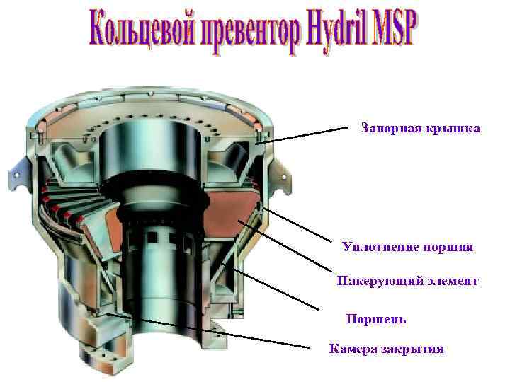 Запорная крышка Уплотнение поршня Пакерующий элемент Поршень Камера закрытия 