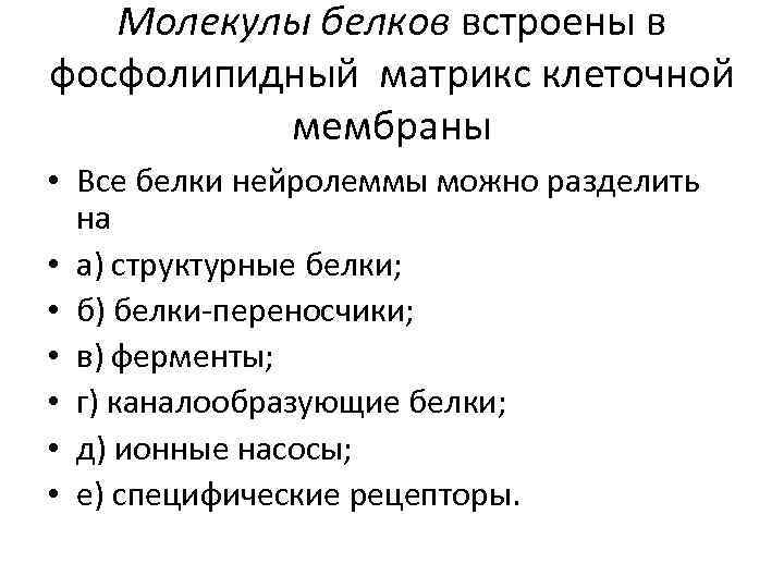 Молекулы белков встроены в фосфолипидный матрикс клеточной мембраны • Все белки нейролеммы можно разделить