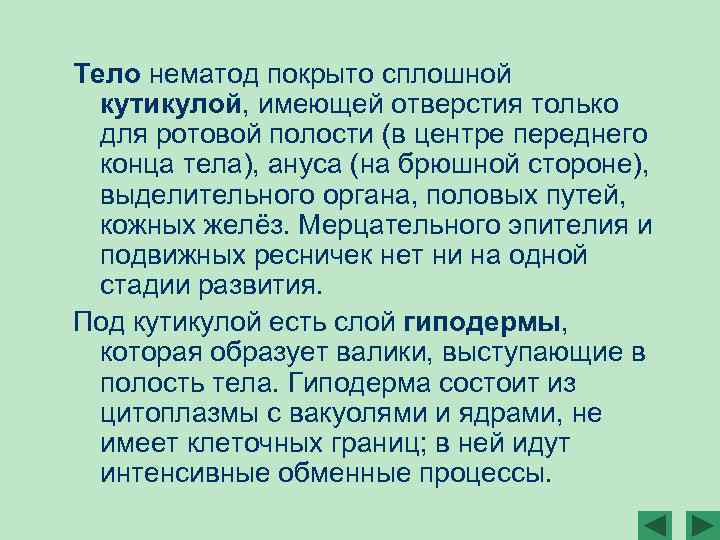 Тело нематод покрыто сплошной кутикулой, имеющей отверстия только для ротовой полости (в центре переднего