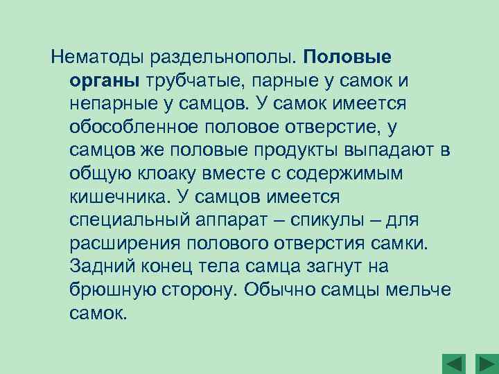 Нематоды раздельнополы. Половые органы трубчатые, парные у самок и непарные у самцов. У самок
