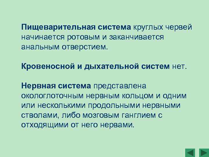 Пищеварительная система круглых червей начинается ротовым и заканчивается анальным отверстием. Кровеносной и дыхательной систем