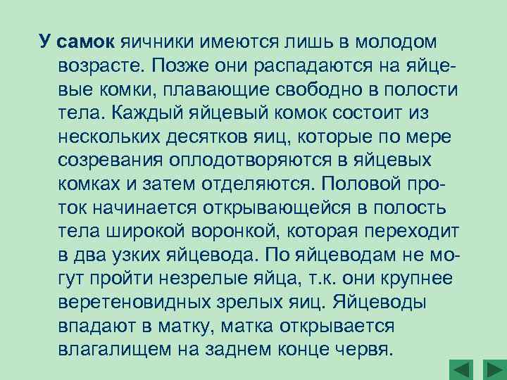 У самок яичники имеются лишь в молодом возрасте. Позже они распадаются на яйцевые комки,