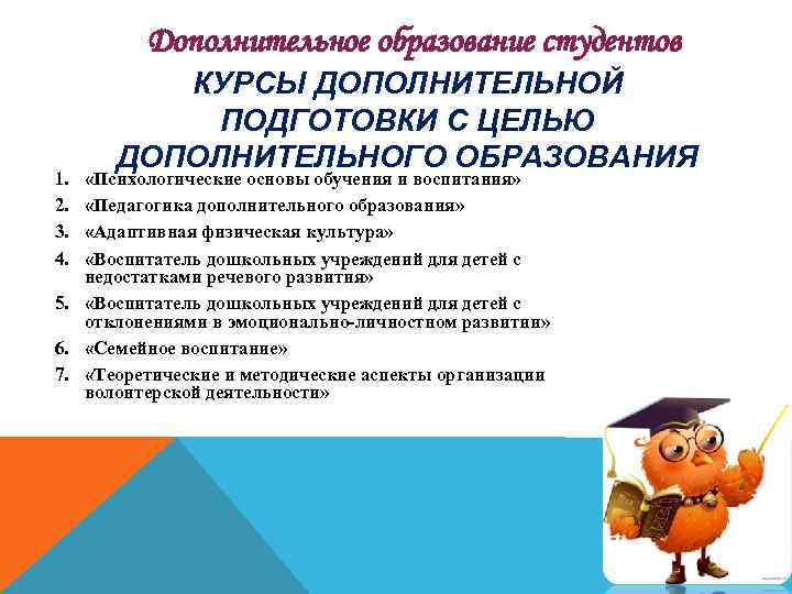 Дополнительное образование студентов 1. 2. 3. 4. КУРСЫ ДОПОЛНИТЕЛЬНОЙ ПОДГОТОВКИ С ЦЕЛЬЮ ДОПОЛНИТЕЛЬНОГО ОБРАЗОВАНИЯ