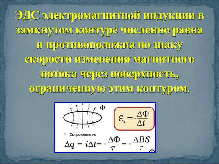 ЭДС электромагнитной индукции в замкнутом контуре численно равна и противоположна по знаку скорости изменения