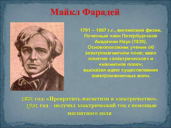 Майкл Фарадей 1791 – 1867 г. г. , английский физик, Почетный член Петербургской Академии