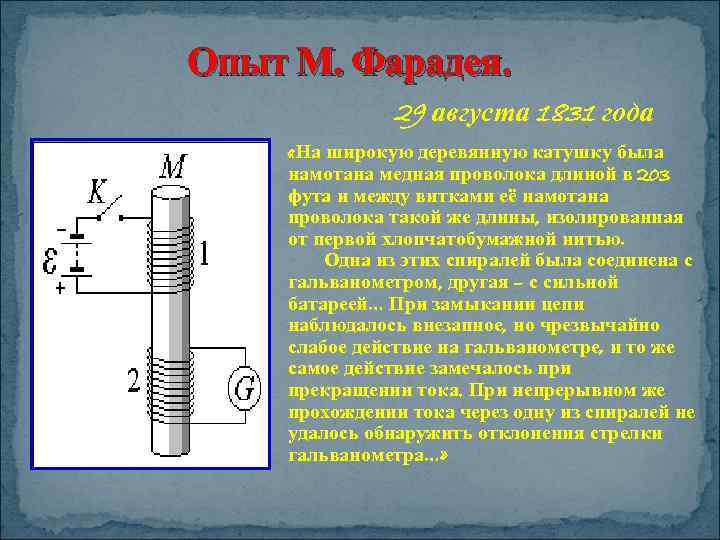Опыт М. Фарадея. 29 августа 1831 года «На широкую деревянную катушку была намотана медная