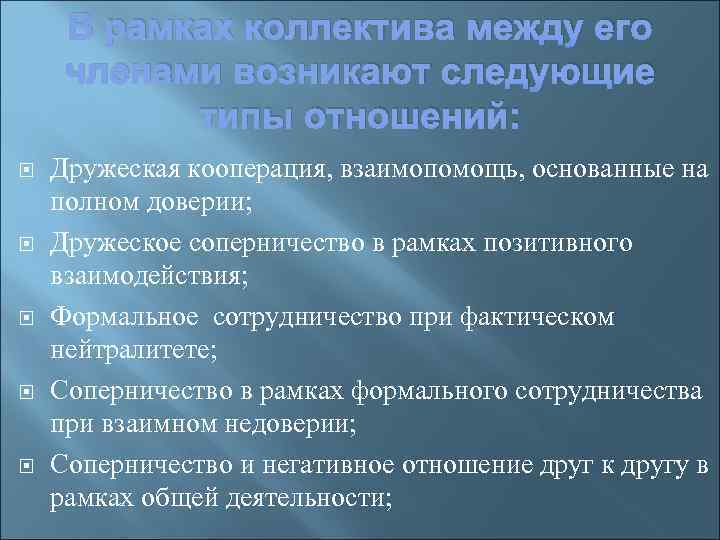 Возникли следующие. Коллектив как социальный объект управления. Виды общественных отношений сотрудничество взаимопомощь. Виды отношений в коллективе. Типы отношений кооперация,.