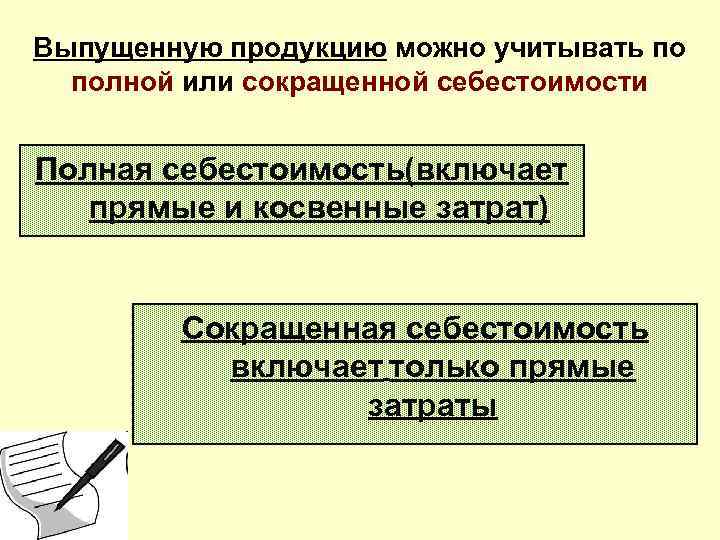 Выпущенную продукцию можно учитывать по полной или сокращенной себестоимости Полная себестоимость(включает прямые и косвенные