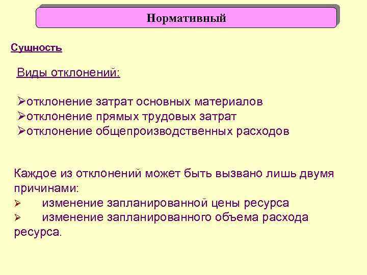 Нормативный Сущность Виды отклонений: Øотклонение затрат основных материалов Øотклонение прямых трудовых затрат Øотклонение общепроизводственных
