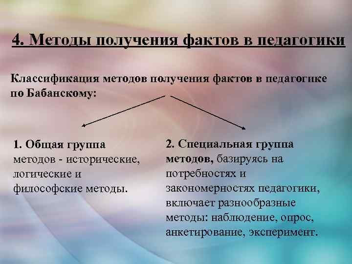 4. Методы получения фактов в педагогики Классификация методов получения фактов в педагогике по Бабанскому: