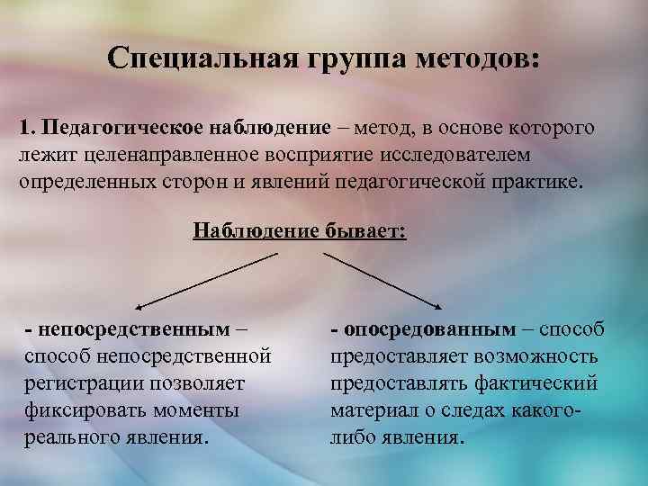 Специальная группа методов: 1. Педагогическое наблюдение – метод, в основе которого лежит целенаправленное восприятие