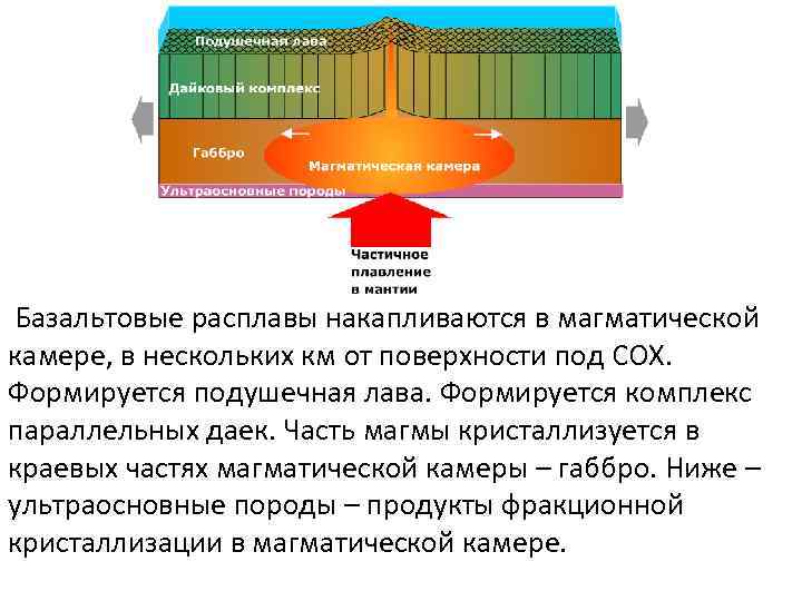 Базальтовые расплавы накапливаются в магматической камере, в нескольких км от поверхности под СОХ. Формируется