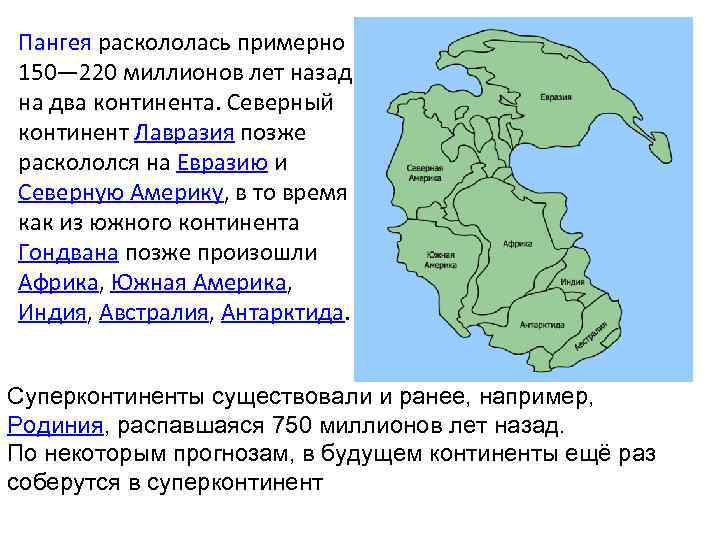 Пангея раскололась примерно 150— 220 миллионов лет назад на два континента. Северный континент Лавразия