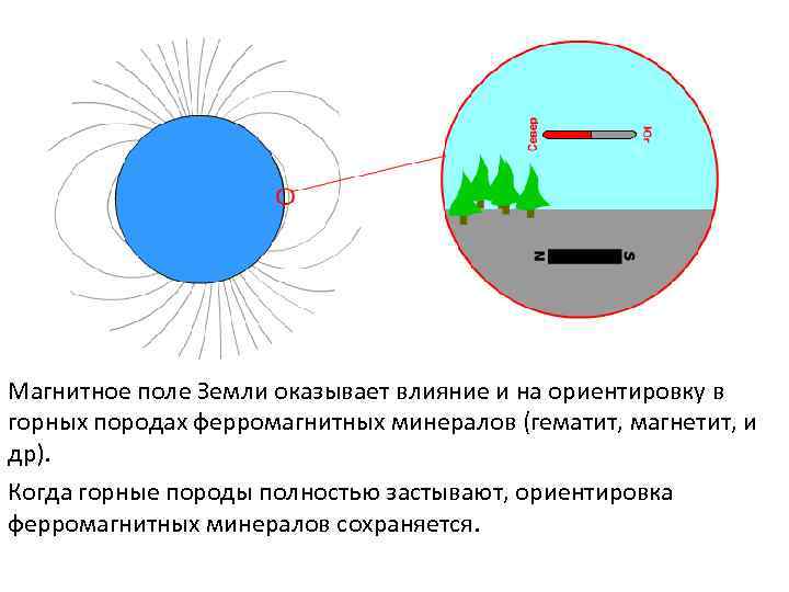 Магнитное поле Земли оказывает влияние и на ориентировку в горных породах ферромагнитных минералов (гематит,