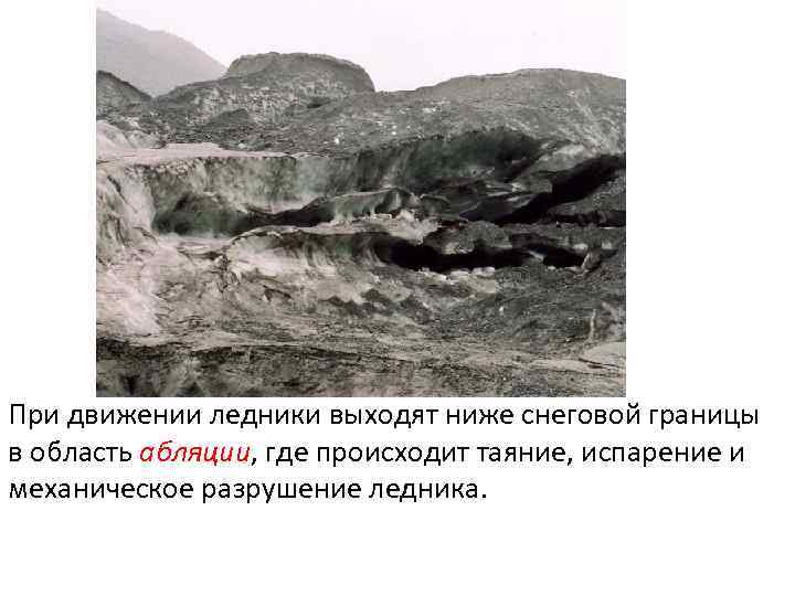 При движении ледники выходят ниже снеговой границы в область абляции, где происходит таяние, испарение