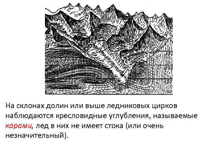 На склонах долин или выше ледниковых цирков наблюдаются кресловидные углубления, называемые карами, лед в