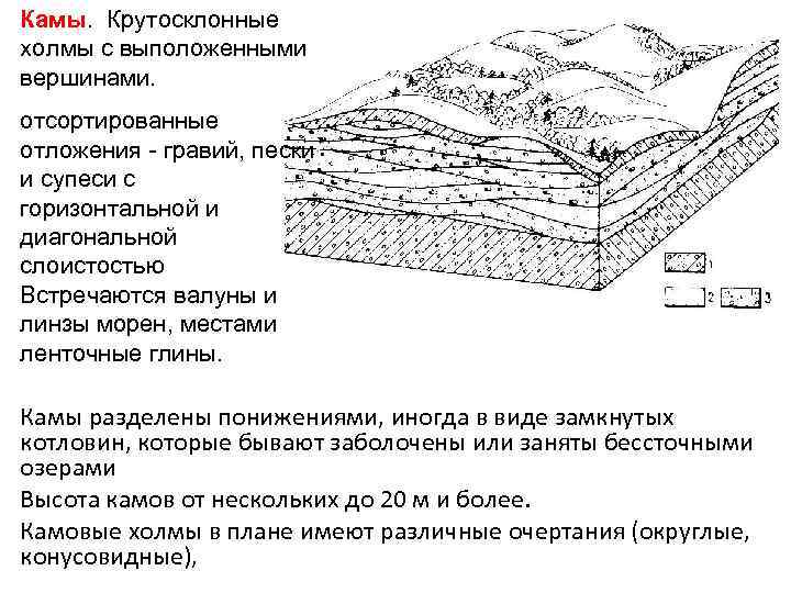 Камы. Крутосклонные холмы с выположенными вершинами. отсортированные отложения - гравий, пески и супеси с