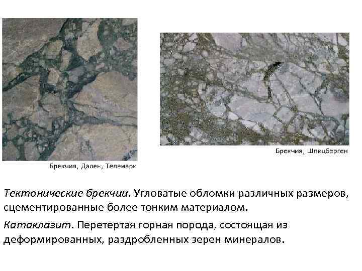 Тектонические брекчии. Угловатые обломки различных размеров, сцементированные более тонким материалом. Катаклазит. Перетертая горная порода,