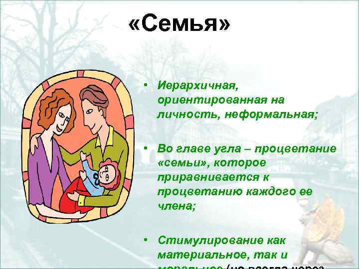  «Семья» • Иерархичная, ориентированная на личность, неформальная; • Во главе угла – процветание