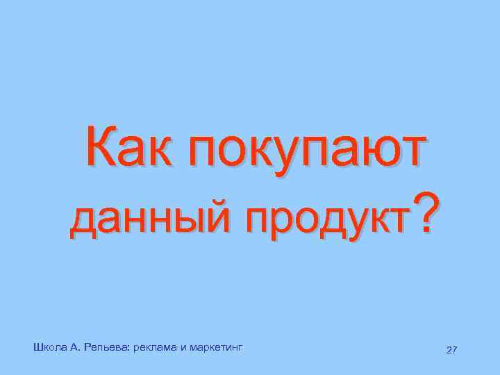 Как покупают данный продукт? Школа А. Репьева: реклама и маркетинг 27 