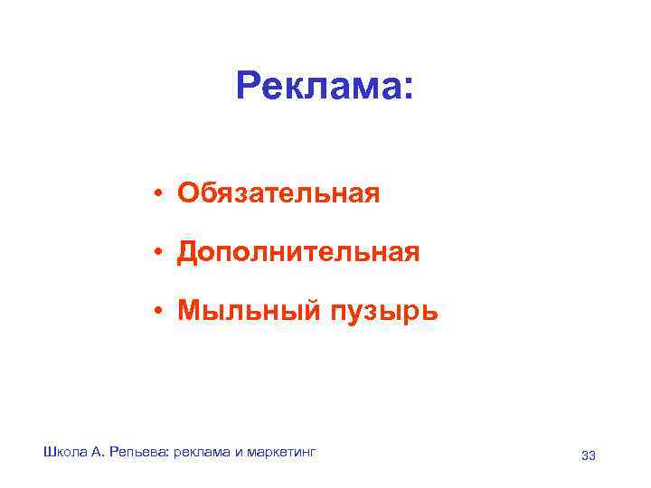 Реклама: • Обязательная • Дополнительная • Мыльный пузырь Школа А. Репьева: реклама и маркетинг