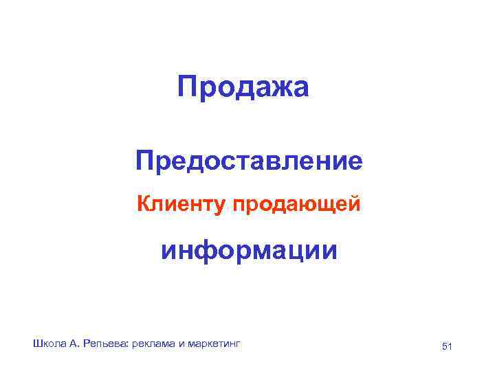 Продажа Предоставление Клиенту продающей информации Школа А. Репьева: реклама и маркетинг 51 