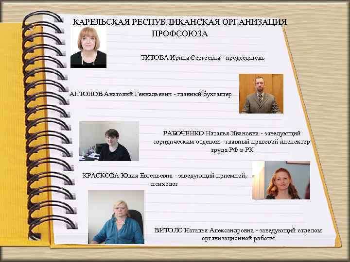 КАРЕЛЬСКАЯ РЕСПУБЛИКАНСКАЯ ОРГАНИЗАЦИЯ ПРОФСОЮЗА ТИТОВА Ирина Сергеевна - председатель АНТОНОВ Анатолий Геннадьевич - главный