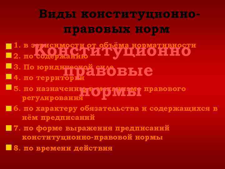 Виды конституционноправовых норм 1. 2. 3. 4. 5. Конституционно правовые нормы в зависимости от