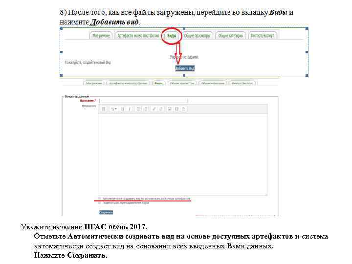 Укажите название ПГАС осень 2017. Отметьте Автоматически создавать вид на основе доступных артефактов и