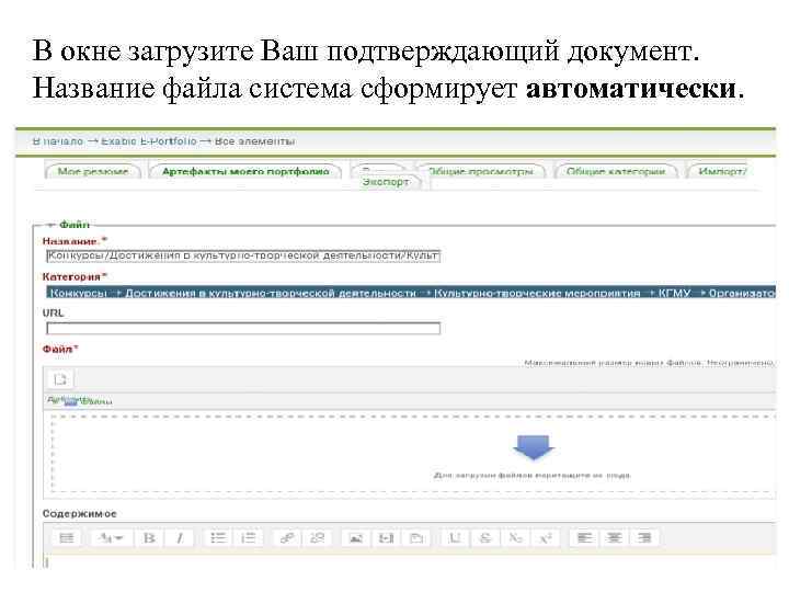 В окне загрузите Ваш подтверждающий документ. Название файла система сформирует автоматически. 