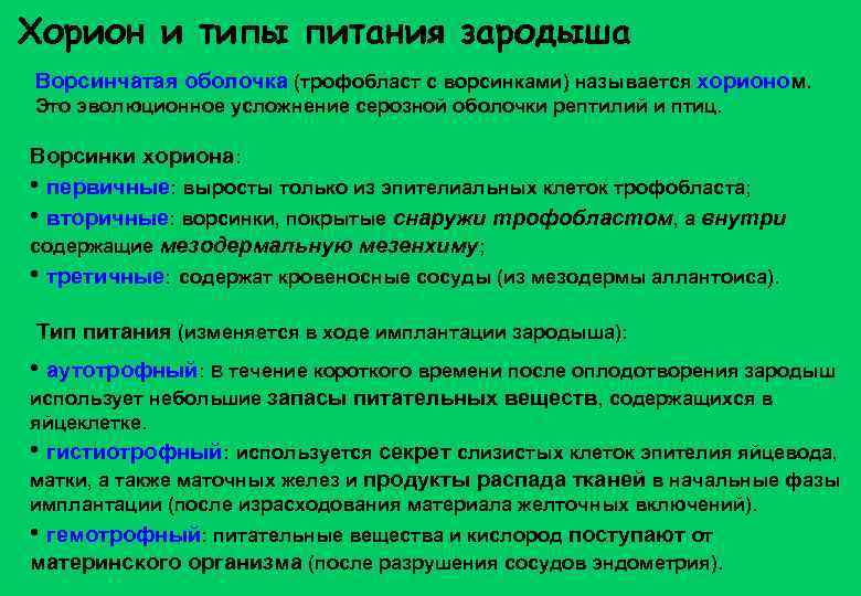 Хорион и типы питания зародыша Ворсинчатая оболочка (трофобласт с ворсинками) называется хорионом. Это эволюционное