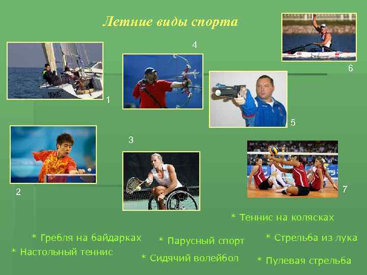 Летние виды спорта 4 6 1 5 3 7 2 * Теннис на колясках