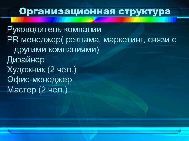 Организационная структура Руководитель компании PR менеджер( реклама, маркетинг, связи с другими компаниями) Дизайнер Художник