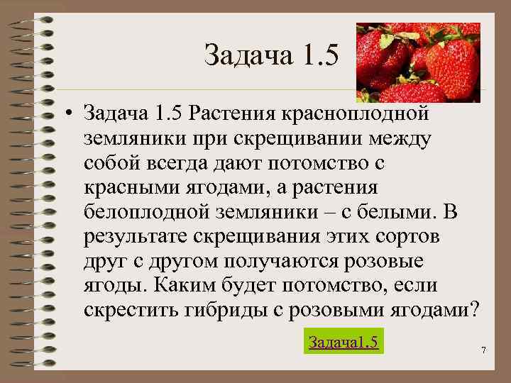  Задача 1. 5 • Задача 1. 5 Растения красноплодной земляники при скрещивании между